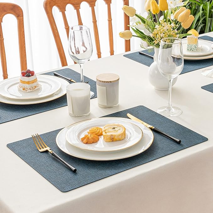 Romanstile Vinyl Placemats Set of 12-12 X 17 Inch - Faux Leather 100% Waterproof Oil-Proof Wipeable Place Mats, Heat Resistant Reversible PU Table Mats for Kitchen Dining Party Outdoor, Navy Blue