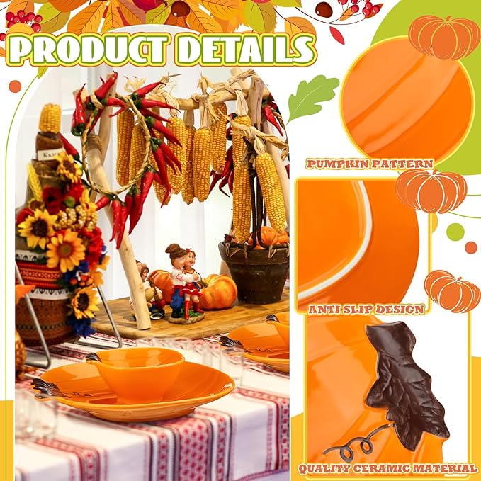 Maxcheck 8 Pcs Pumpkin Shaped Plates and Ceramic Pumpkin Bowls Kit Pumpkin Dinnerware for Thanksgiving Halloween Indoor Fall Table Decor(Orange)