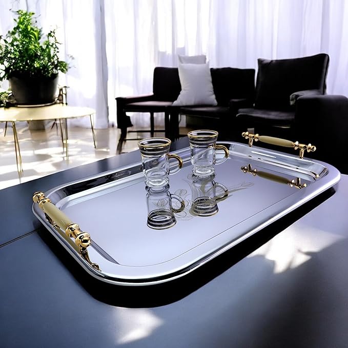 (Pack of 2 19.1 inch x 13.4 inch Oblong Chrome Plated Mirror Silver Serving Tray with Handles Stylish Design Engraved Iron Gold Floral Decorative Buffet Platter Plate FST-004