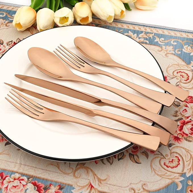 24-Piece 304 Silverware Set, Mirror Polish Serving Flatware Cutlery Set Include Steak Knife Fork Spoon, Wedding Kitchen Restaurant Utensils Daily Use, Service For 4, Rose Gold