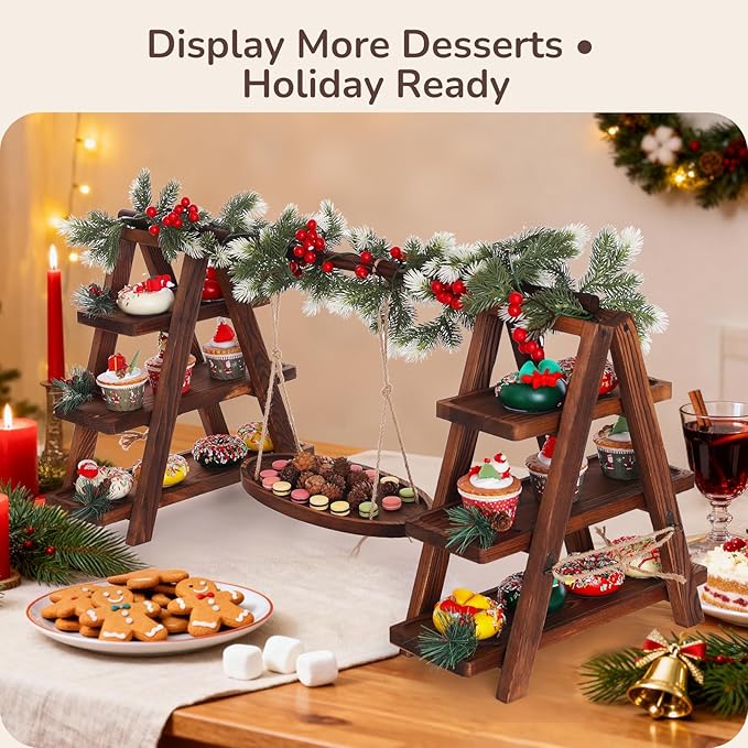 3-Tier Wooden Cupcake & Dessert Display Stand with Swing Frame – Rustic Torch-Finished Pine, Extra Wide 5.1" Trays, Pre-Assembled with Anti-Slip Pads, Party & Wedding Cake Holder