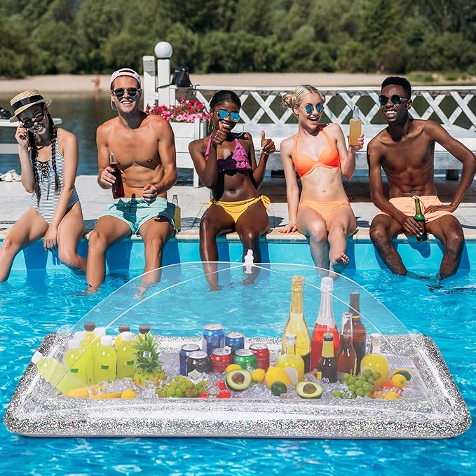 8 Pcs Glitter Inflatable Serving Bar Kit Includes 2 Salad Buffet Tray with Drain Plug 5 Mesh Food Cover 1 Inflator Inflatable Food Drink Containers for Outdoors Pool Party Camping(Silver)