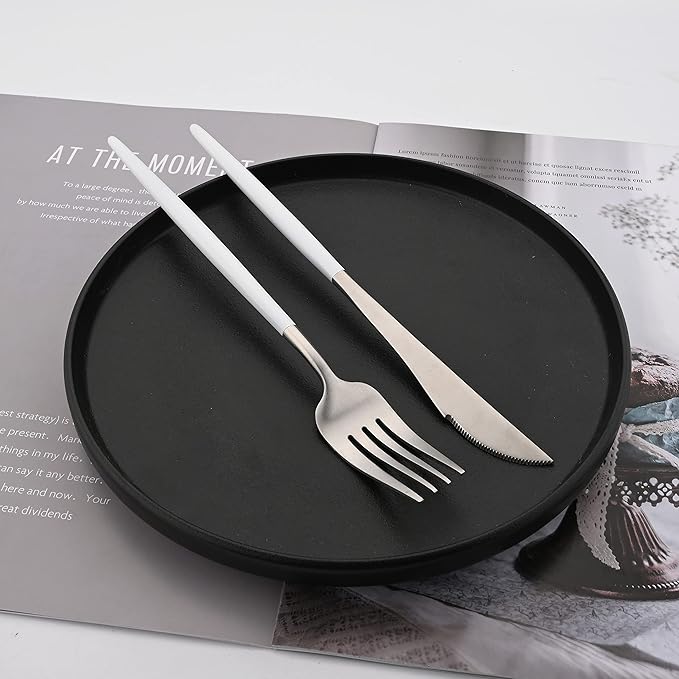 Flatware Set 18/10 Stainless Steel Matte White Handle Silver - Kitchen Utensil Serving Set of Dinner Fork Knife Spoons Salad Fork Dessert Spoon,20 Piece, Service for 4 (White + Silver)