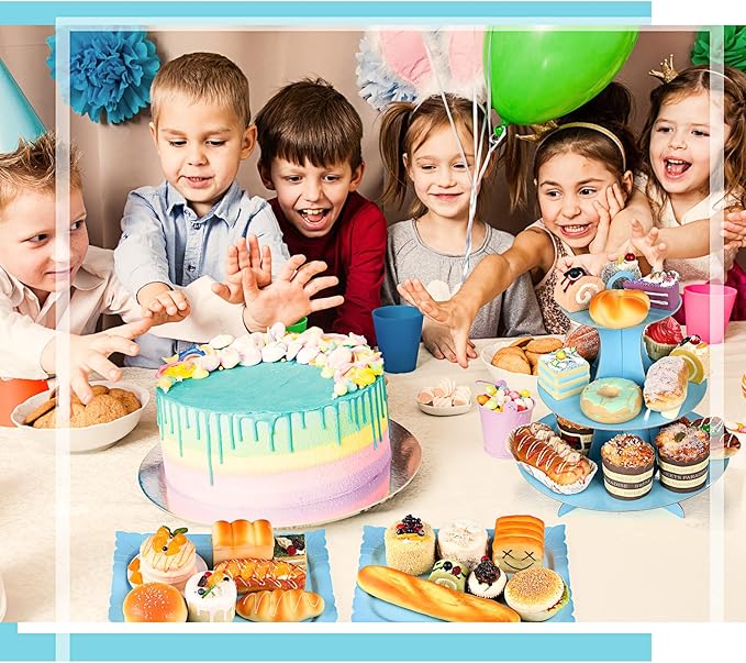 Zopeal 7 Pcs Dessert Table Display Set 3-Tier Cupcake Stand 1-Tier Cup Cake Display Tower Platters and Serving Trays Cardboard Cake Cookie Holders for Wedding Birthday Party Baby Shower(Sky Blue)