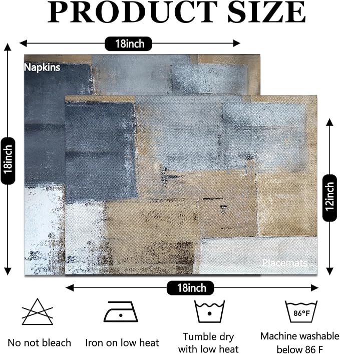 Mcalk 4 Each Brown Placemats and Cloth Napkins Set of 8, Modern Art Placemat, Abstract Dark Grey Cloth Napkin for Home Kitchen Decor (Placemats 18 "x12 Napkins 18 "x18)
