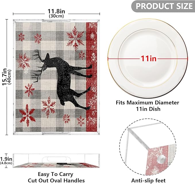 Serving Tray with Handles Clear Acrylic Tray 12x16 Inch Decorative Rectangular Tray Organizer for Ottoman Coffee Table Bathroom Grey Checkered Christmas Deer