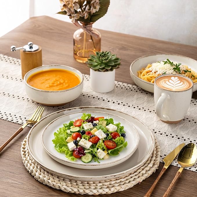 AmorArc Dinnerware Sets with Pasta Bowls for 4, Handpainted Stoneware Plates and Bowls Set with Rustic Terracotta Underside, Scratch Resistant Dishes Set, Dishwasher & Microwave Safe, 16 Pcs