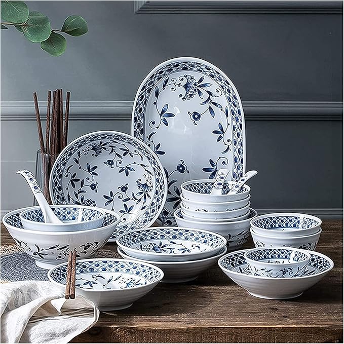 Ceramics Dinner Sets, Blue and White Porcelain Porcelain Dinnerware Set of 45 | Simplicity Cereal Bowl and Steak Plate Set