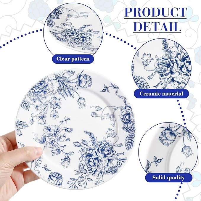 Honeydak 6 Pcs 6 Inch Blue Floral Flower Ceramic Plates Blue and White Porcelain Salad Serving Plate Vintage Dinner Appetizer Dessert Dishes Tableware for Wedding Birthday Tea Party Table Supplies