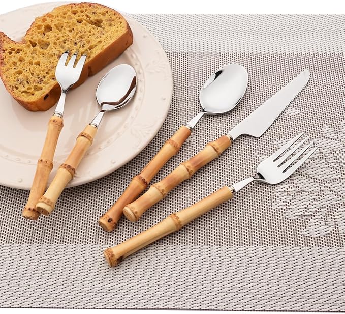 Gugrida 20pcs Flatware Silverware Serving Set Silver Stainless Steel Hostess Serving Utensil Set with Bamboo Handle Dishwasher Safe, 20pieces Service for 4