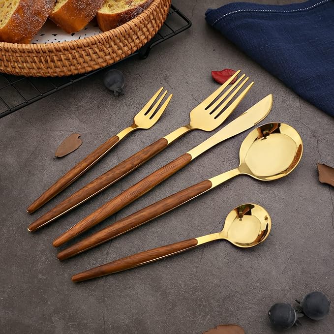 20-piece Wood Silverware Set for 4, Include Knife Fork Spoon, Stainless Steel Flatware Set with Wooden Handle, Mirror, Dishwasher Safe, for Home Kitchen Travel - Round Handle Gold