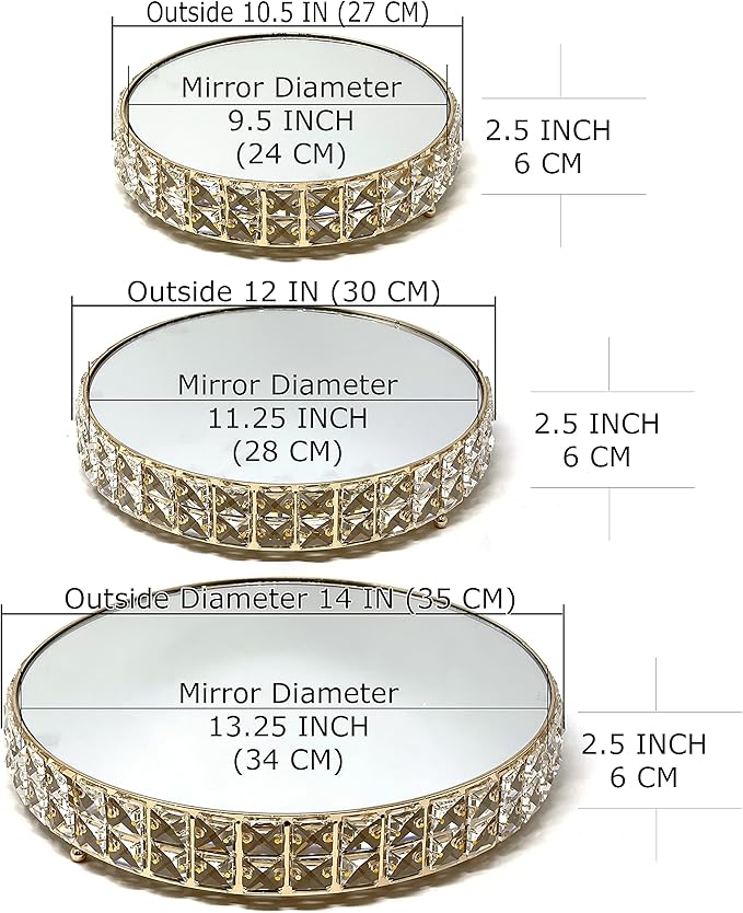allgala Wedding Cake Stands 3-Piece Set Crystal Gold Plated Cheese Dessert Cupcake Cake Stand with Mirror Plate-Gold Round-HD89202