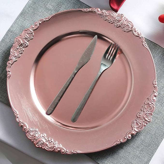 13" Charger Plates -Set of 24 - Acrylic Rose Gold Round Baroque Disposable Chargers Leaf Embossed Rim, Ideal for Dinner Party Wedding Bulk Events