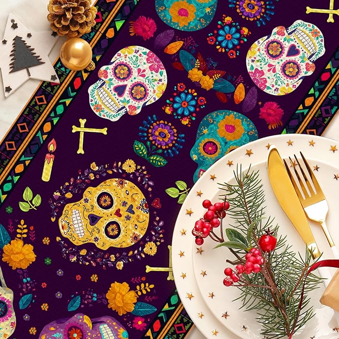 Mexican Skull Flowers Table Runner Seasonal Holiday Kitchen Dining Linen Table Decoration for Indoor Outdoor Home Party Decor 13 x 72 Inch