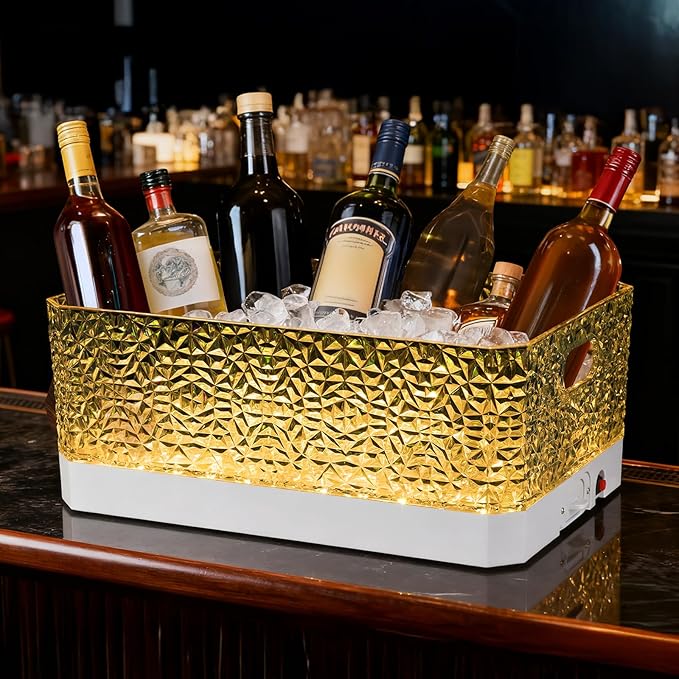 LED Light Up Plastic ice buckets for parties 15L large Clear beverage tub 7-color LED light ice buckets For Champagne Beer Cocktails Family Gathering Bar Nightclub Essential (Diamond texture)
