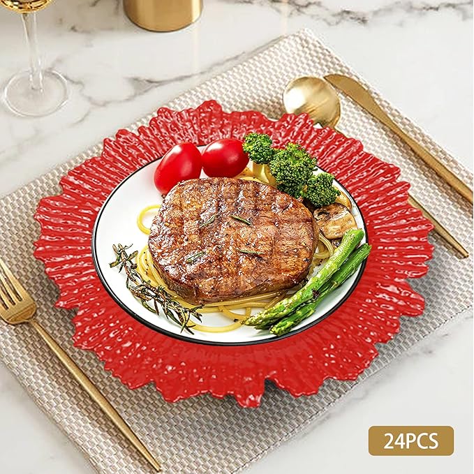 24 PCS Charger Plates Bulk, 13 Inch Floral Reef Plastic Charger Dinner Plates Round Service Plates Decorative Chargers Bulk for Table Setting Wedding Party Event(Red)