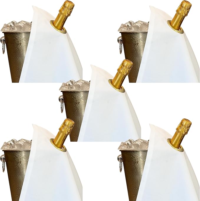 Classic Collection, Bottle Cloth with Metal Ring for Ice Buckets, Cotton, 42 cm, Corner Hole (White with Gold Metal Ring, Pack of 5)