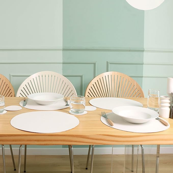 Wipeable Placemats and Coasters Leather Table Mats Waterproof Heat-Resistant Easy to Clean for Dining Table Set Kitchen Table Set of 6, White