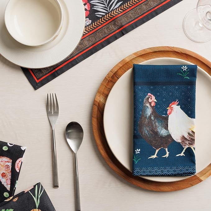 Maison d' Hermine Cloth Napkins Set of 4 100% Cotton Soft & Durable Everyday Reusable Square Napkins Cloth Washable, Dinner, Cocktail Party, Wedding, Restaurant (Meadow Rooster, 18" x 18")