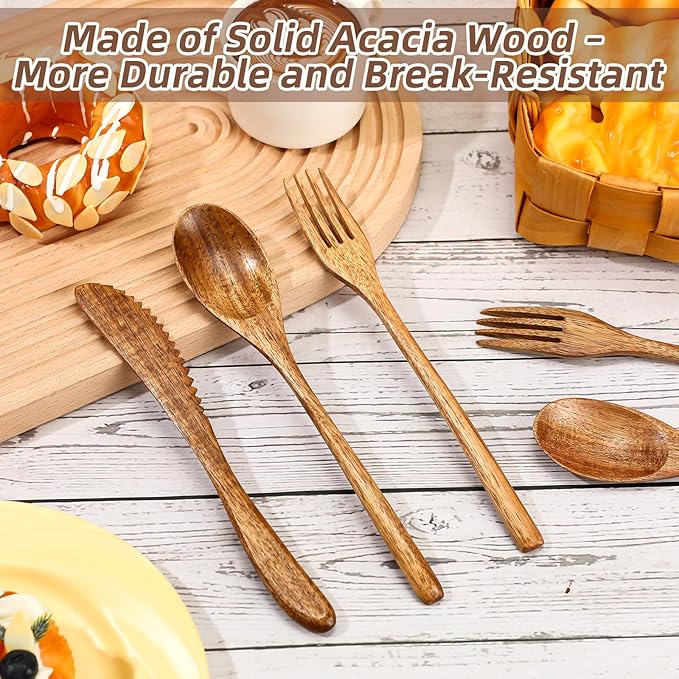 Geiserailie 24 Pcs Wooden Utensils for Eating Set Wooden Spoon Fork Knife Cutlery Set Kitchen Wood Utensils Dinner Flatware Tableware (Acacia Wood)