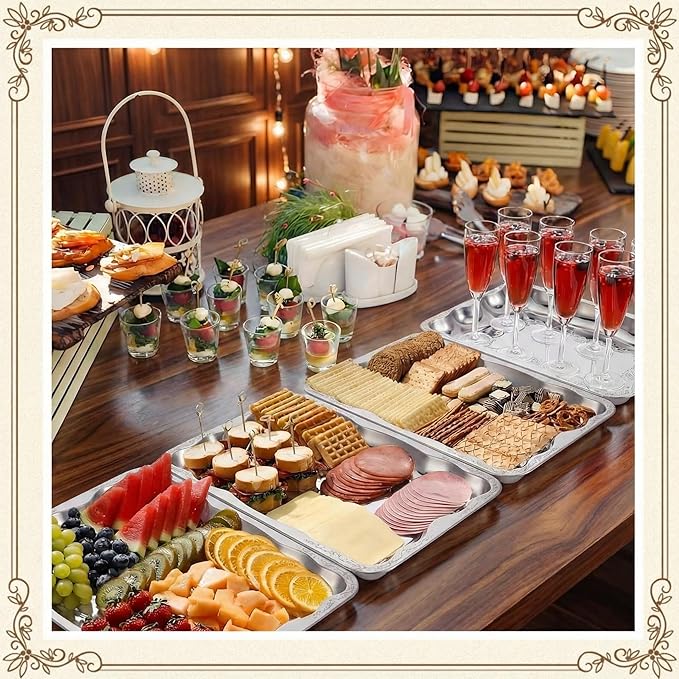 12 Pack Silver Serving Trays Set for Party, Butterfly Floral Silver Platter Engraved Mirror Tray, 15.8 x 11.6 Inches Elegant Metal Plate for Christmas Food Appetizer Cookies Desserts