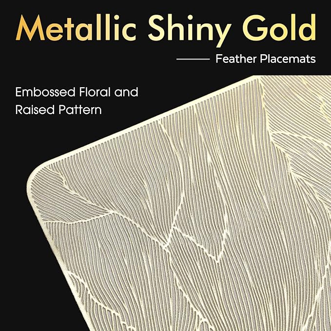 FAVE 6PCS Placemats Gold Placemats Vinyl Placemats Set of 6 Golden Table Mats Reusable Metallic Shiny Gold Place mats for Wedding, Banquet, Birthday, Party, Restaurant （15 x15,Rectangular Feather）