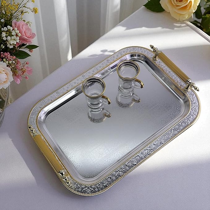 17.1 inch x 12.4 inch Rectangular Chrome Plated Silver Serving Tray with Handles Iron Gold Edge Engraved Decorative Wedding Dessert Buffet Wine Decor Platter Plate NC-147