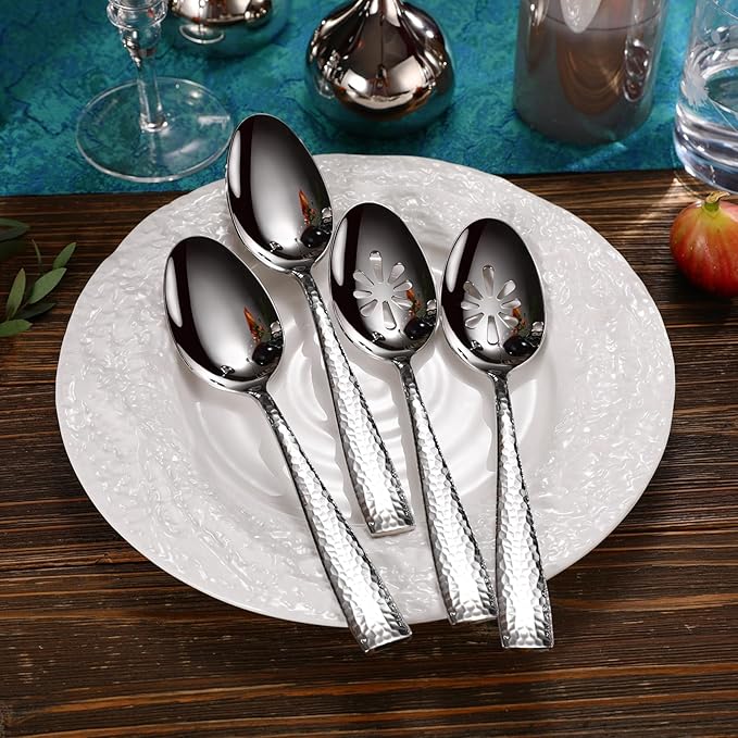 KEAWELL Premium Louis Hammered Serving Utensils, 18/10 Stainless Steel, Squared Edge Design, Mirror Finish, Dishwasher Safe (Serving Spoons, Set of 4)