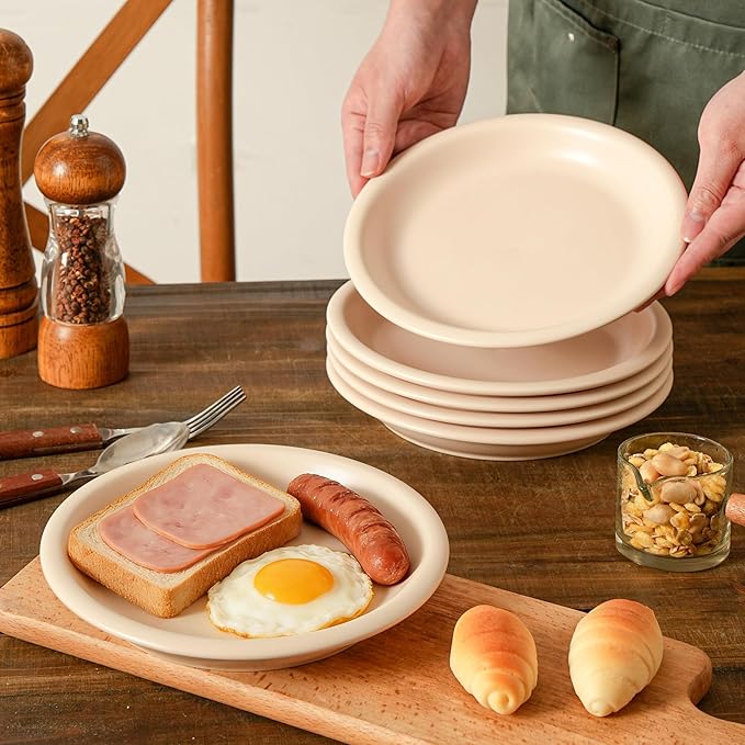 Plates and Bowls Sets, 6 Piece Ceramic Stoneware Dinnerware Set for Family and Gatherings, Dishes Set for 2, Dishwasher & Microwave Safe, Handcrafted Dishware Sets, Terracotta White