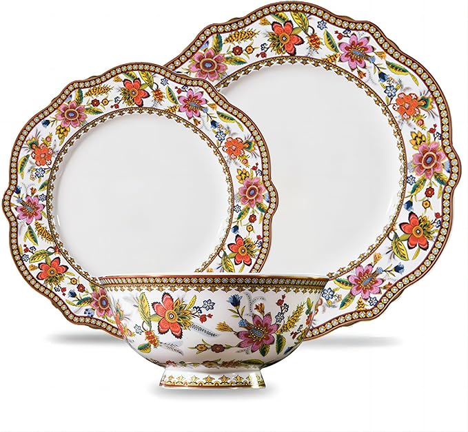 ACMLIFE Bone China Dinnerware Set for 4, 12-Piece Vintage Floral Dinnerware Set, Kitchen Plates and Bowls Set, China Plates Set, Christmas Gifts for Women, Thanksgiving Dinnerware Sets(Pink)