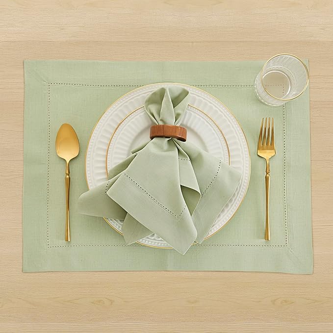 Solino Home Sage Napkins Set of 4 - Cotton Linen Hemstitch Dinner Napkins Cloth 20 x 20 Inch for Spring, Easter, St Patricks Day - Handcrafted and Machine Washable