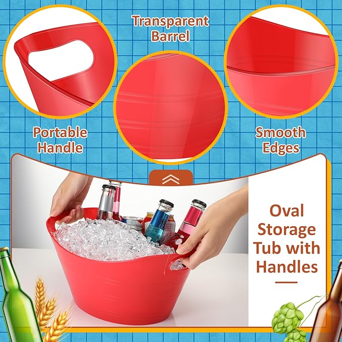 Norme 24 Pcs Oval Storage Tub with Handles 4.5L Plastic Ice Bucket, Wine, Beer, Champagne Drink Cooler for Parties, Beverage Storage Basket(Red)