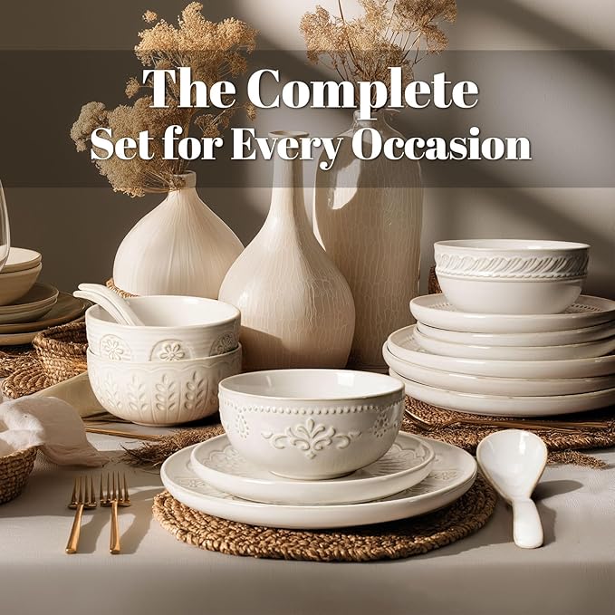 Artena Plates And Bowls Sets, 16 Pieces Dinnerware Sets, Dish Set For 4, Ceramic Kitchen Bowl And Plate Set, Embossed White Dishware Sets, Dishwasher & Microwave Safe (Multiple Patterns)