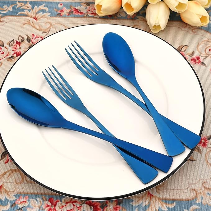 24-Piece 304 Silverware Set, Mirror Polish Serving Flatware Cutlery Set Include Steak Knife Fork Spoon, Wedding Kitchen Restaurant Utensils Daily Use, Service For 4, Blue