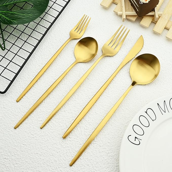 30-Piece Stainless Steel Silverware Set, Attractive Matte Finished Flatware Set, Serving for 6, Classic Cutlery set for Home/Restaurant，Includes Dessert Spoons Forks - Gold