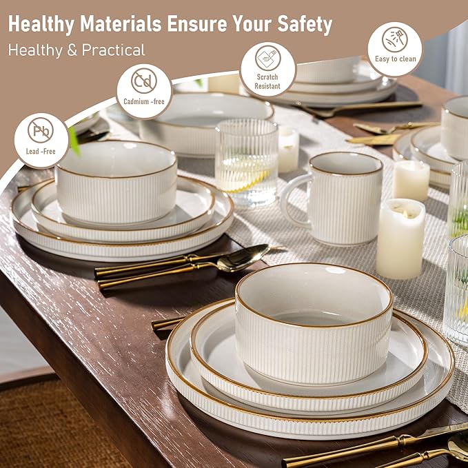 GBHOME 24-Piece Stoneware Dinnerware Set for 8 – Ribbed Ceramic Plates and Bowls, Scratch-Resistant, Microwave & Dishwasher Safe, Reactive Glaze, White with Honey-Brown Edge