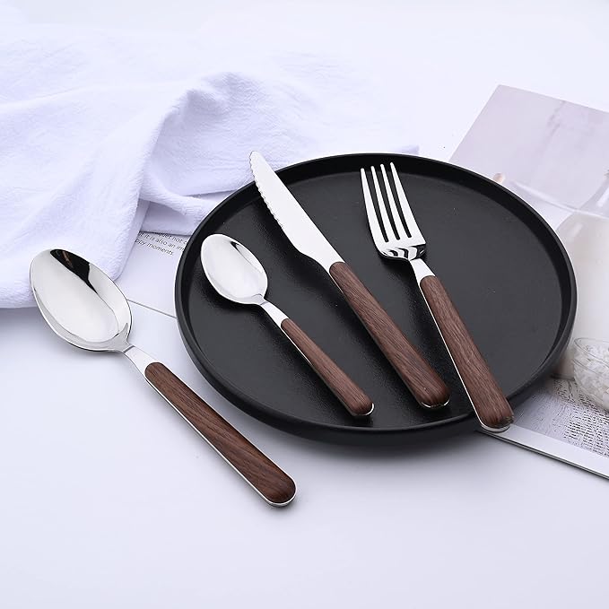 24 Piece Tableware Silverware Set with Faux Wooden Handle, Brown Silver Stainless Steel Flatware Cutlery Set for 6, Utensil Set for Home Including Forks Spoons Knives, Mirror Polished