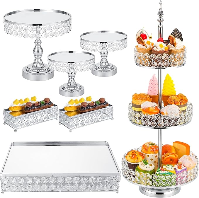 Tioncy 7 Pcs Cake Stand Set with Crystal Beaded Mirror Metal Dessert Table Display Stands for Dessert Table Cupcake Holder for Birthday Party Wedding Festival (Silver)