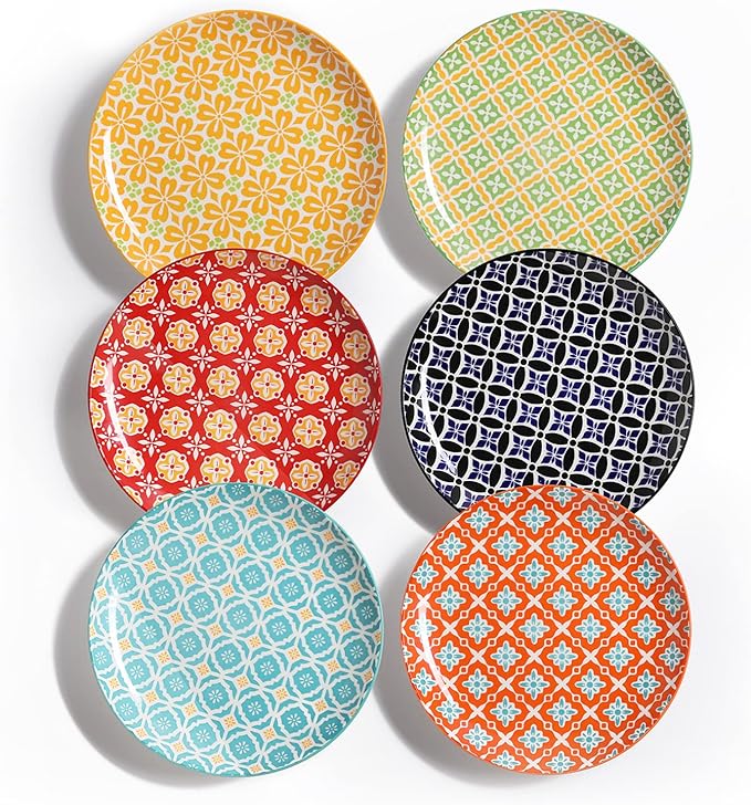Salad Plates, Dessert Plates 8 Inch, Colorful Ceramic Plate Set for Pasta, Pancakes, Steak, Set of 6, Dishwasher & Microwave Safe