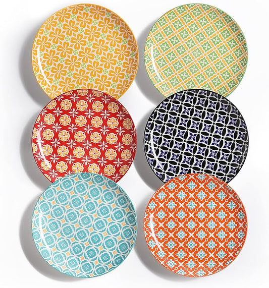 Salad Plates, Dessert Plates 8 Inch, Colorful Ceramic Plate Set for Pasta, Pancakes, Steak, Set of 6, Dishwasher & Microwave Safe