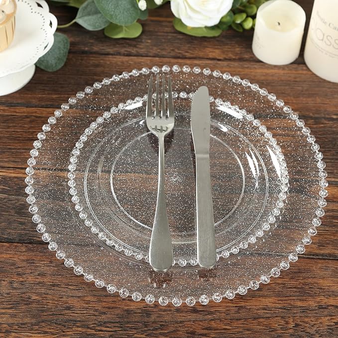 Efavormart 10-Pack Plastic Round Dinner Plates 10" Clear Silver Glittered with Beaded Rim - Disposable Party Plates