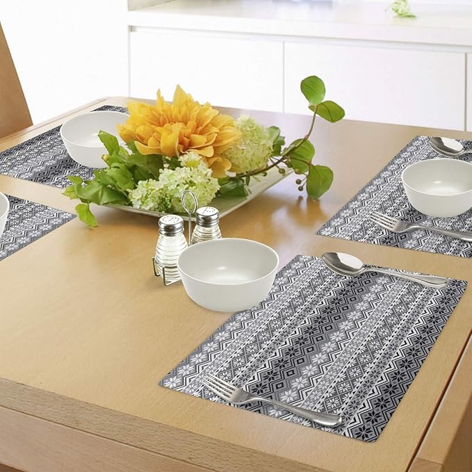 Ambesonne Grey Place Mats Set of 4, Nordic Snowflake Knit Patterns Scandinavian Motifs Traditional and Modern Print, Washable Fabric Placemats for Dining Table, Standard Size, Gray White