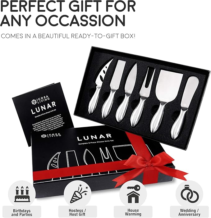 Lunar 6-Piece Cheese Knife Set - Premium Stainless Steel Cheese Knives Collection - Charcuterie Board Accessories Gift Ready w/ 15 Festive Recipes