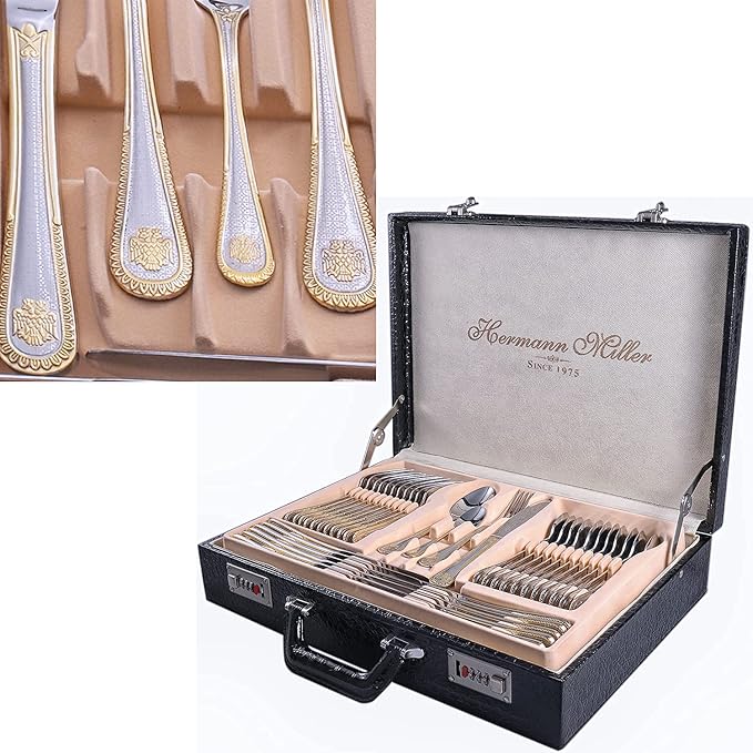 Royal Family Collection 72 Piece Fine Flatware Silverware Set with Gift Carrying Case, Elegant Design, Serves Parties 12 people, Perfect Housewarming Graduation for Loved Ones, Gold