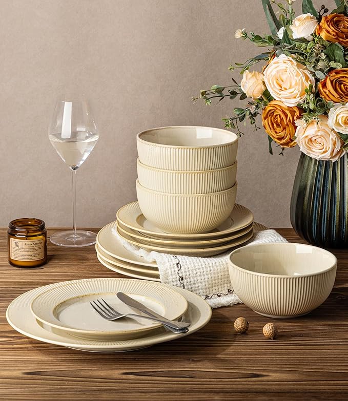 TheTerra Stoneware Dinnerware Sets for 6, 18 Pieces Ceramic Plates and Bowls Sets, Scratch Resistant Embossed Dish Set, Oven, Microwave & Dishwasher Safe, Cappuccino