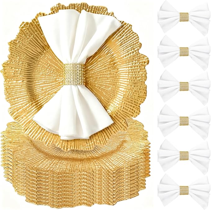 PROY 150 Pcs Charger Plates Set Bulk, 50 Pcs 13'' Gold Reef Charger Plates 50 Napkin Ring 50 Cloth Napkins Plastic Gold Chargers Set For Dinner Wedding Party Decoration