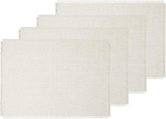 Solino Home Linen Light Natural Placemats Set of 4-100% Pure Linen Placemats 14 x 19 Inch for Christmas, Holiday, New Year - Fringe