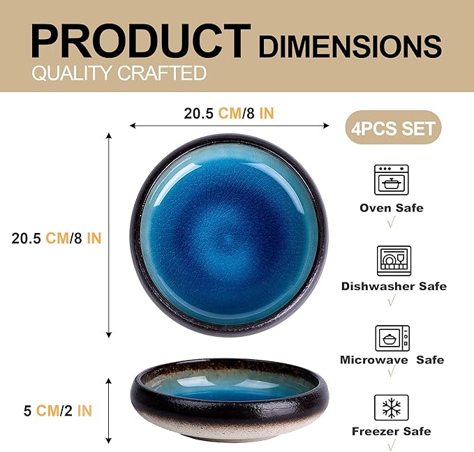 Ceramic Pasta Bowls Set of 4, 8 Inch Large Porcelain Pasta and Salad Bowls, Stoneware Dinner Plate Set for 4, Handmade Round Dishes for Home Decor, Microwave,Oven,and Dishwasher Safe, Blue