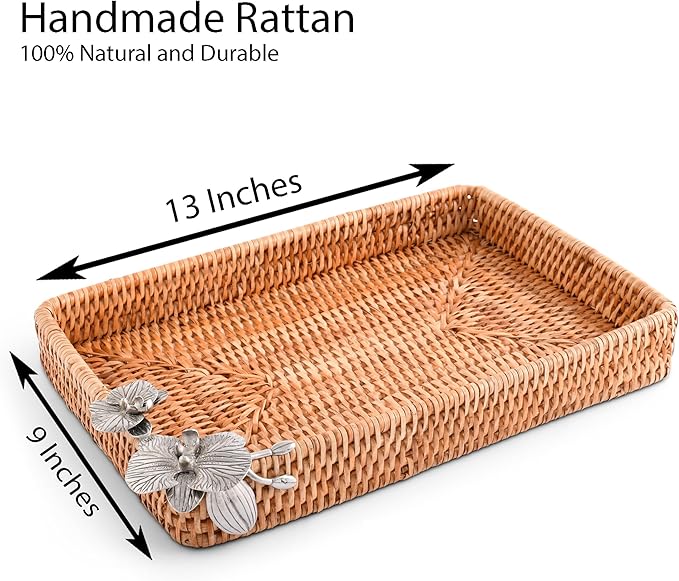 Vagabond House Handmade Wicker Tray, Small Rectangle Catchall Tray with Pewter Orchid Detail, Rattan Tray Woven Handmade Priemer Rattan Tray 12 X 9 Inches Small Designer Statement Tray