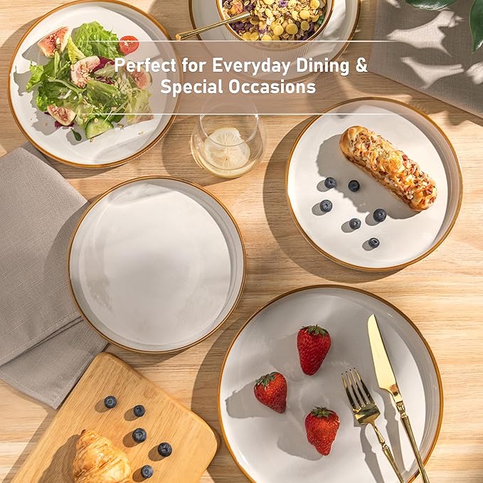 GBHOME 24-Piece Stoneware Dinnerware Set for 8 – Ribbed Ceramic Plates and Bowls, Scratch-Resistant, Microwave & Dishwasher Safe, Reactive Glaze, White with Honey-Brown Edge
